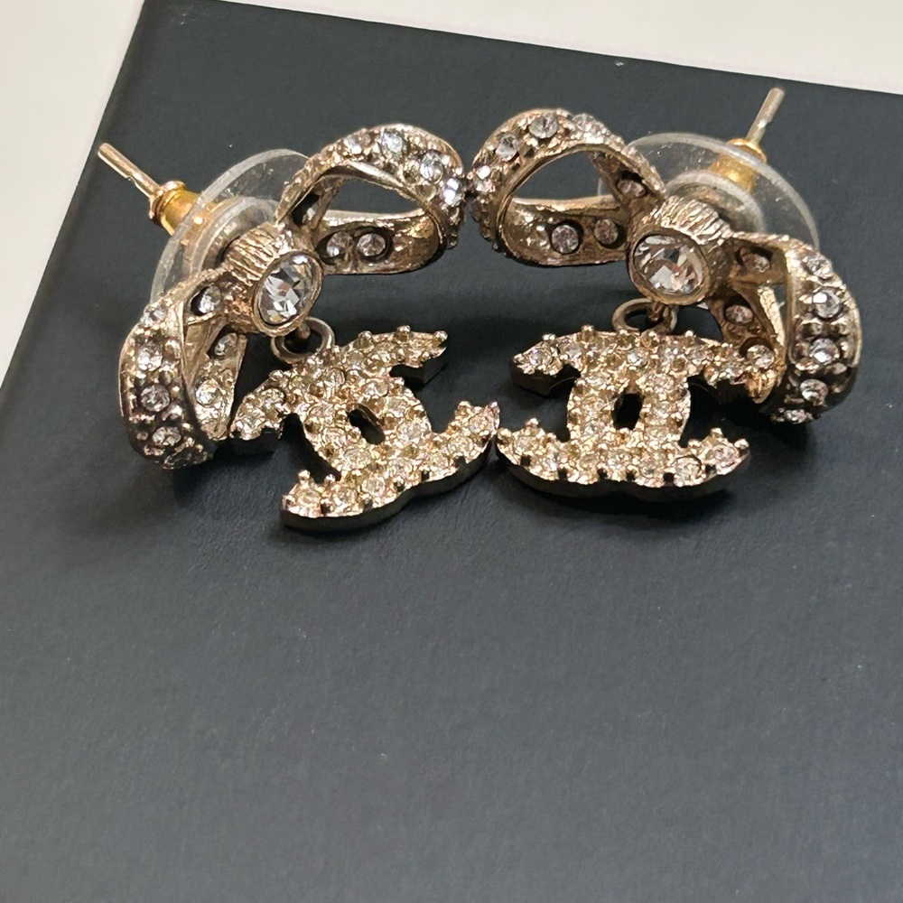 Chanel Light Gold Bow Crystal Earrings Pierced
